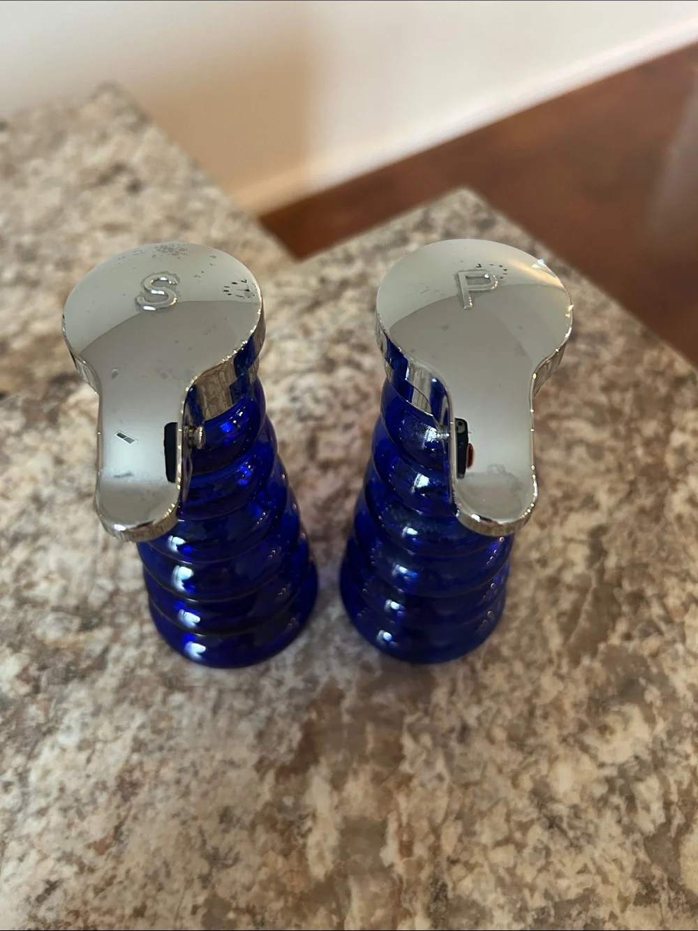 Cobalt Blue Glass Pepper and Salt Shakers with Silver Tops